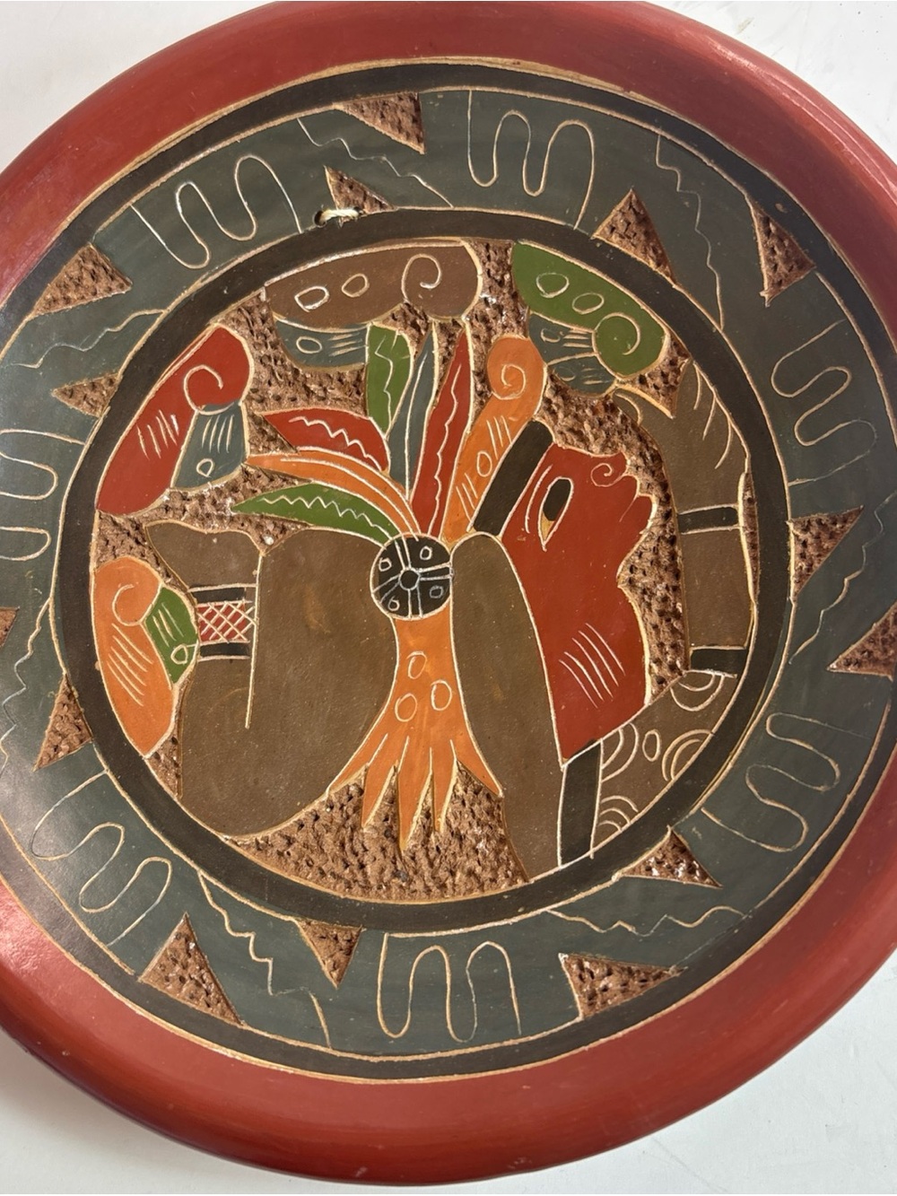 Vintage Mexican Red Clay Wall Plate Maya Polychrome Style Aztec Folk Art Pottery
